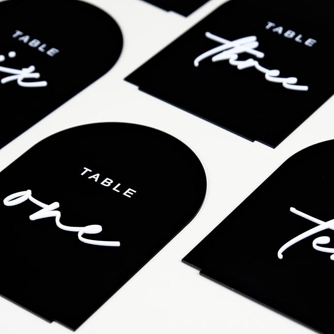 Black Arched Wedding Table Numbers 1-20 with Stands, 5x7 Inch Acrylic Arch Sign with Raised White Numbers, 3D Arched Acrylic Table Numbers for Wedding Reception