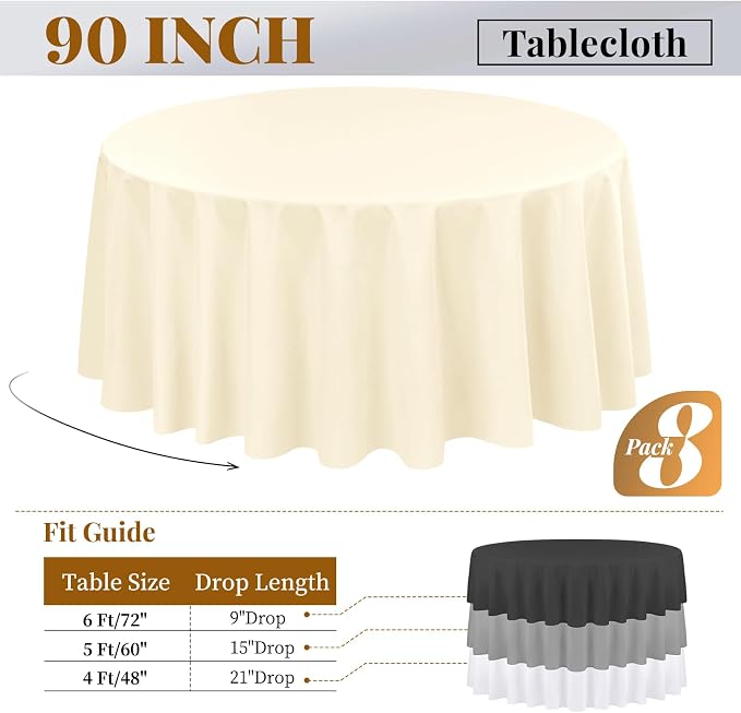 Fani 8 Pack 90 Inch Round Beige Polyester Tablecloths, Stain and Wrinkle Resistant, Washable, Perfect for Round Tables, Formal & Casual Events
