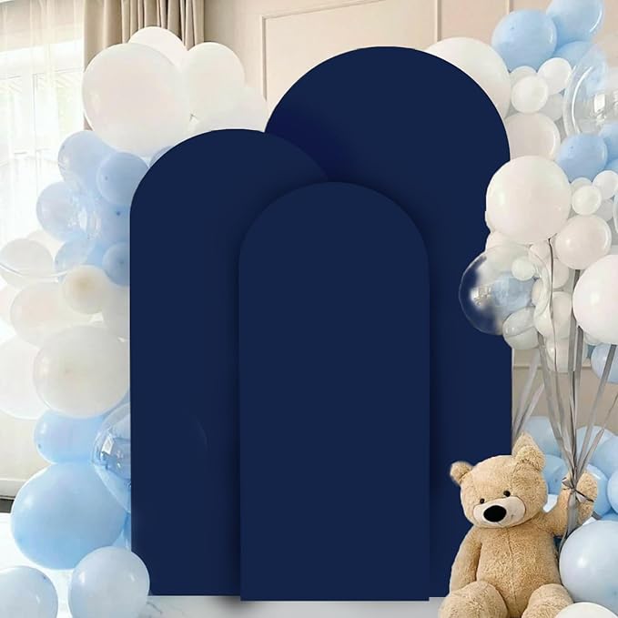 FANPROMS Arch Backdrop Cover Set of 3 Navy Blue Arch Covers 4FT 5FT 6FT Spandex Round Top Wedding Arch Covers Set Stretchy Chiara Backdrop Covering 2-Sided Arched Covers for Birthday Party Decoration