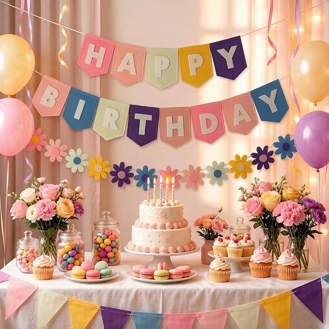 Yancan Colorful Happy Birthday Banner for Girls Women Party Decoration | Pre-strung Felt Happy Birthday Banner, Flowers Garland, Triangle Flags