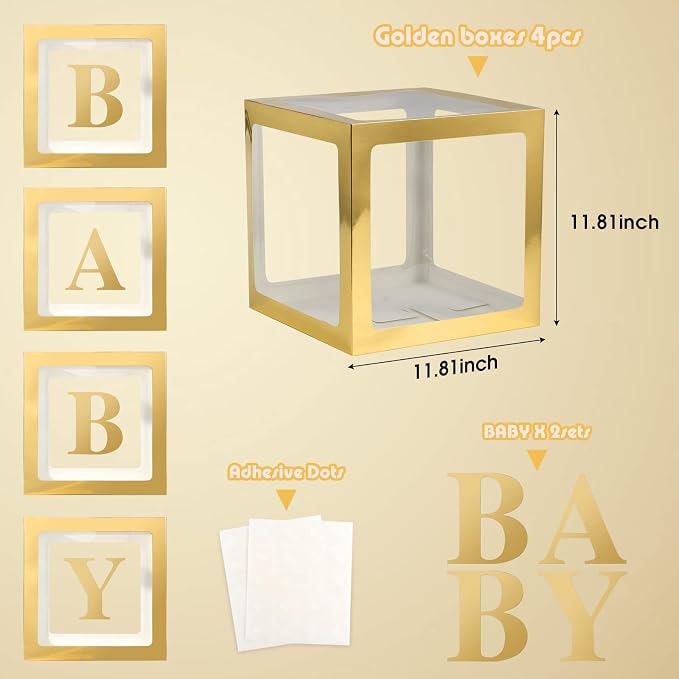 Baby Boxes with Letters for Baby Shower Decorations - 4 Transparent Balloon Boxes for Gender Reveal (Gold)
