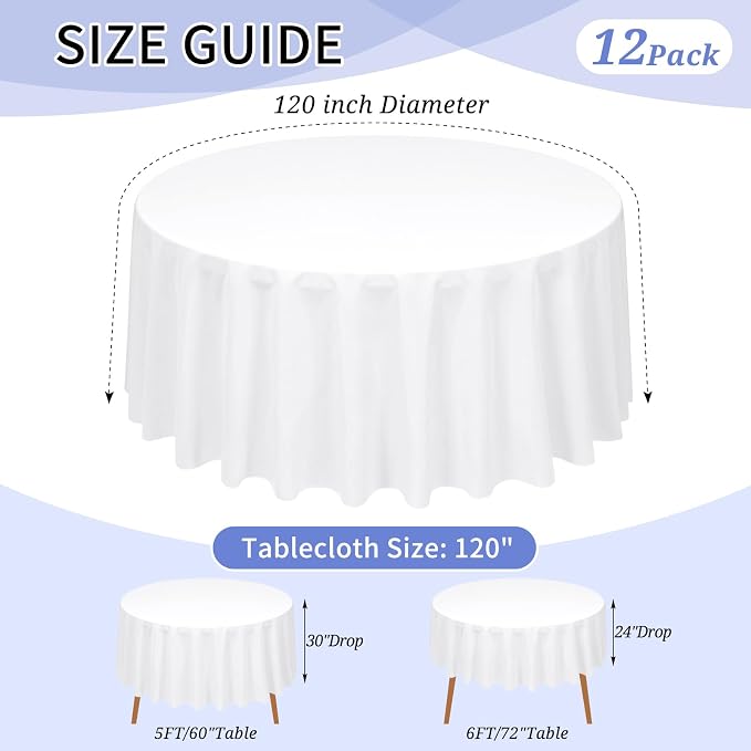 12 Pack White Tablecloth 120 Inch Round Table Cover | Wrinkle Resistant, Machine Washable Reusable, Wedding, Banquet, Restaurant, Party, Baby Shower,Indoor Outdoor Events