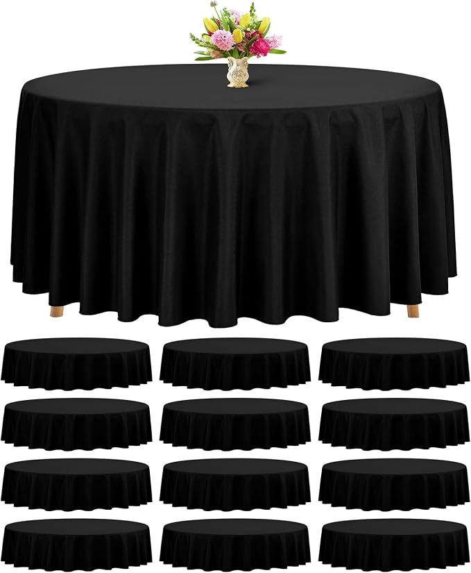 Teruntrue 12 Packs Black Round Tablecloths 90 inch Round Table Cloth, Washable Polyester Fabric for Wedding Parties Banquet Holiday Dinner Table Decorative, Black