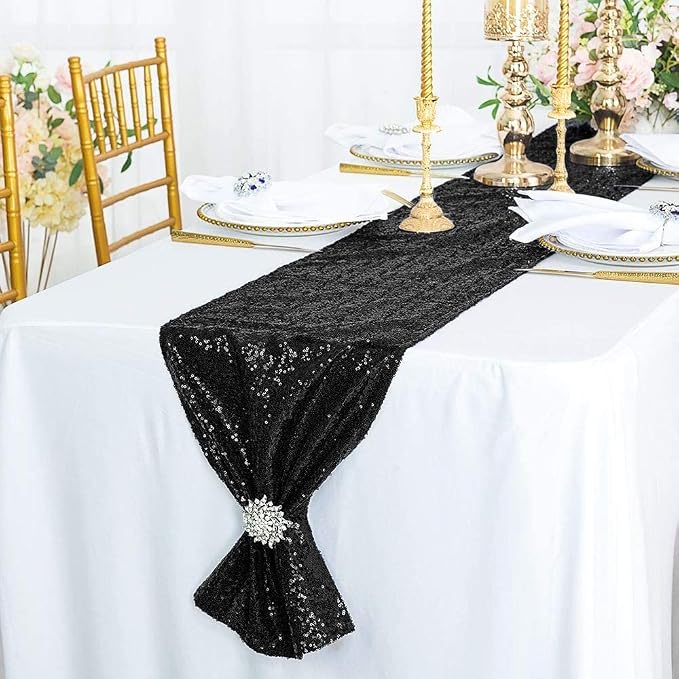 12 Pack Black Sequin Table Runner 12x72 Inch, High Density Sparkly Glitter Table Runners for Wedding Reception, Birthday Party, Banquet, Baby Shower,Halloween, Black Metallic Shimmering Decor