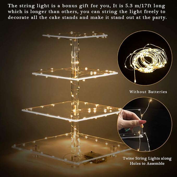 YestBuy Cupcake Stand with Yellow LED Lights, 4 Tier Cupcake Stand for 50 Cupcakes, Acrylic Cupcake Tower Stand, Clear Tiered Cupcake Holder for Birthday Candy Bar Décor Weddings, Parties Events
