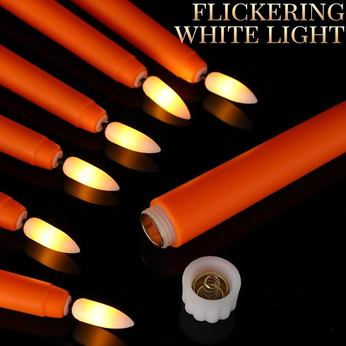 Macarrie 24 Packs Flameless Taper Candles Battery Operated Fake 11 Inch Long Candlelight LED Flameless Candlesticks Flickering Tapered for Summer Fall Wedding(Orange)