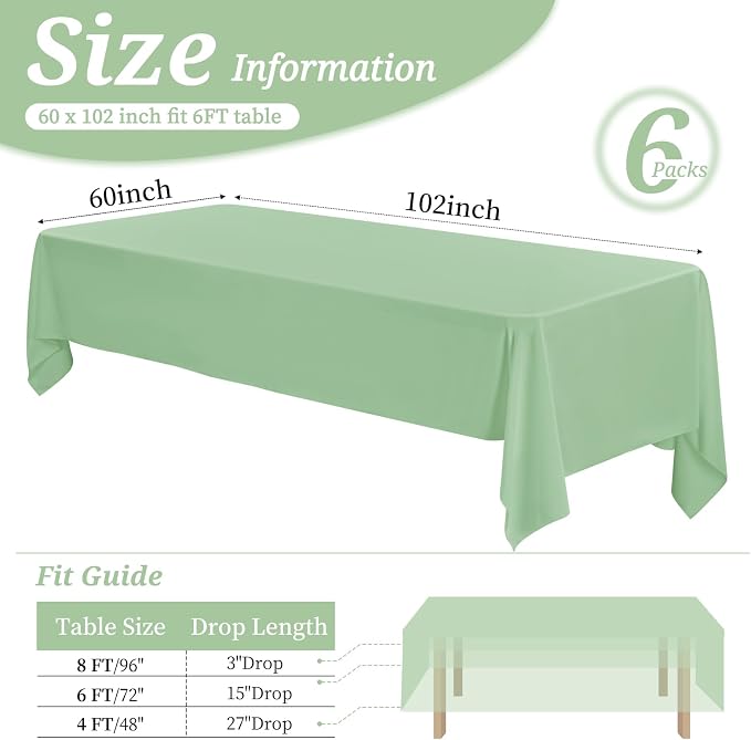 6 Pack Tablecloth 60 x 102 inch Polyester Table Cloth for 6 Foot Rectangle Tables,Stain and Wrinkle Resistant Washable Fabric Table Covers Polyester Sage Green Table Clothes for Wedding,Party,Banquet