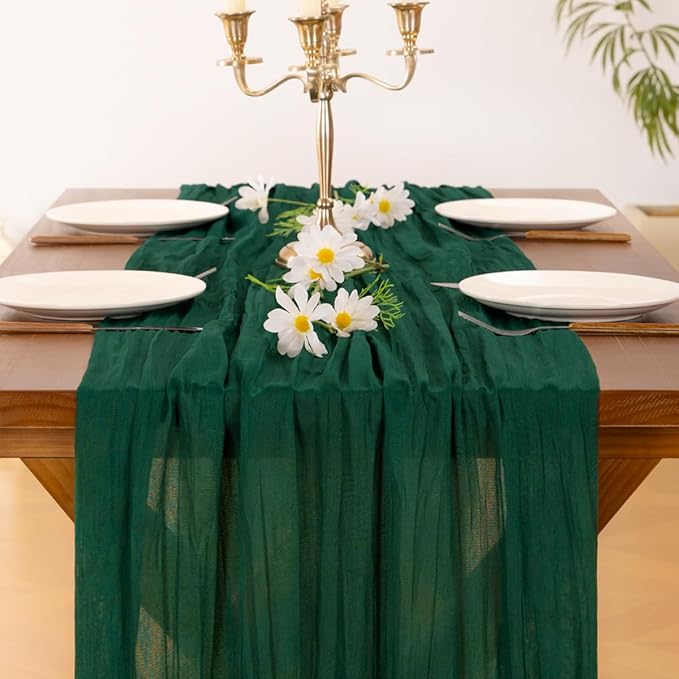 Socomi 6pcs Emerald Green Cheesecloth Table Runner Summer Boho Rustic Gauze 120 inch 10FT Cheese Cloth Sheer Runner for Wedding Party Baby Shower Birthday Home Decor Holiday Decorations