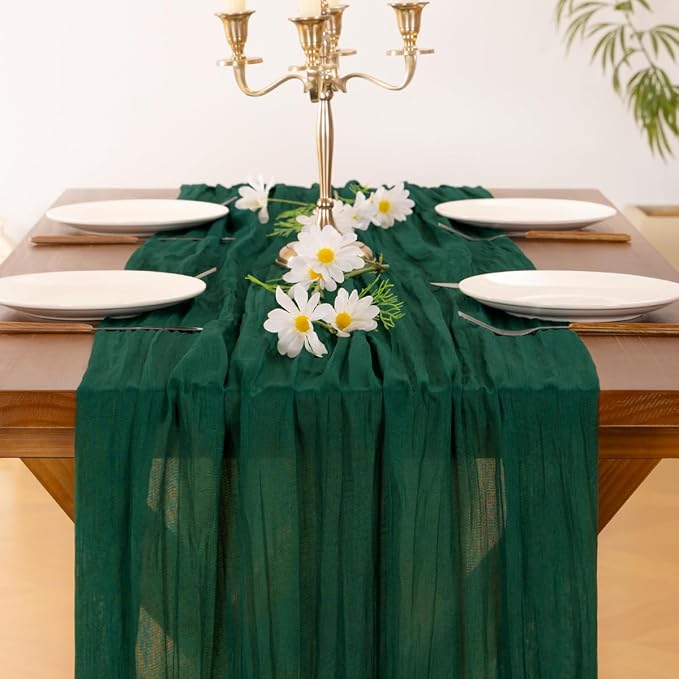 Socomi 6pcs Emerald Green Cheesecloth Table Runner Summer Boho Rustic Gauze 120 inch 10FT Cheese Cloth Sheer Runner for Wedding Party Baby Shower Birthday Home Decor Holiday Decorations