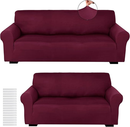 Peryiter 2 Pcs Sofa Covers Couch and Loveseat Covers Set Stretch Sofa Slipcover for Living Room Armchair Furniture Protector, Wrinkle Proof(Burgundy,Milk Silk)