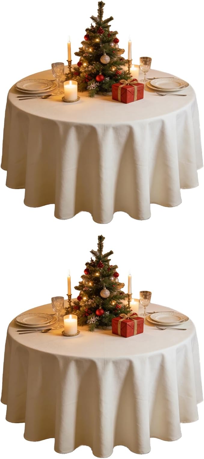WIGENIUS 2 Pack Ivory Table Cloth Round Tablecloths 90 Inch,Polyester Table Cloth for 5 Foot Round Tables,Wrinkle Resistant Washable Fabric Table Covers for Party,Wedding Banquet