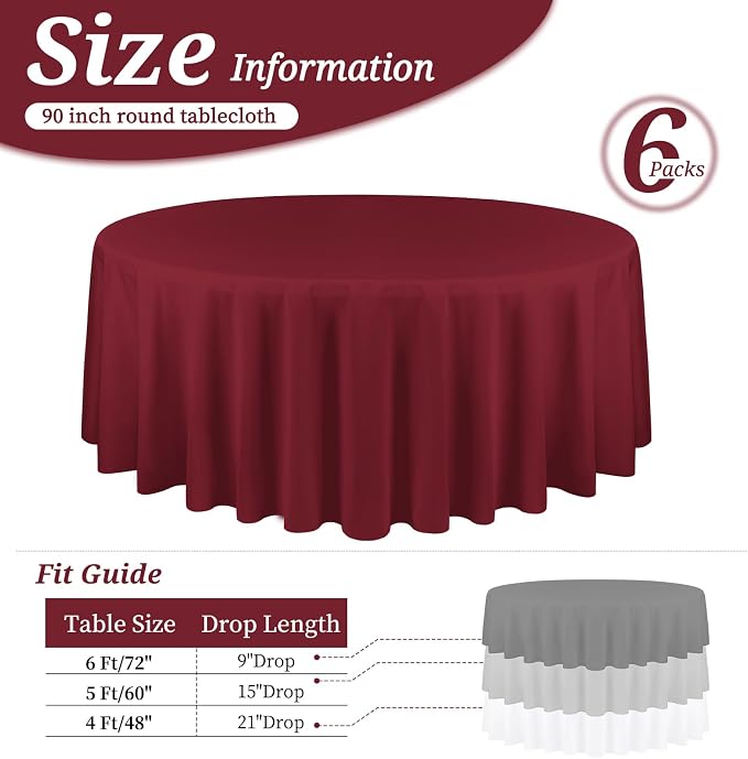 YMHPRIDE 6 Pack Round Tablecloths - Burgundy, 90 Inch Polyester, Washable Fabric Table Covers for Wedding, Party, Dining, Banquet