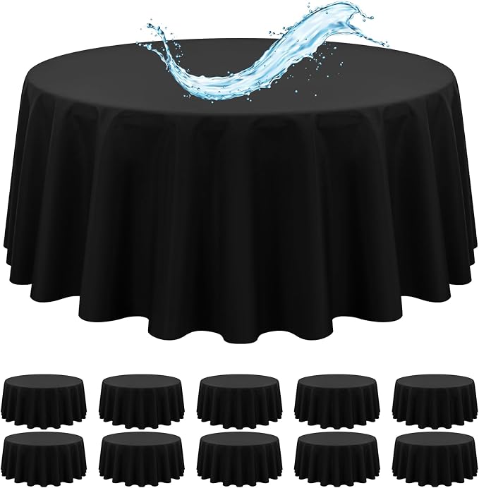 10 Pack Black Round Tablecloth 120 Inch, Waterproof Polyester Table Cloth for Round Tables, Black Tablecloths Stain and Wrinkle Resistant Washable Fabric Table Cover for Party Dining Wedding Banquet