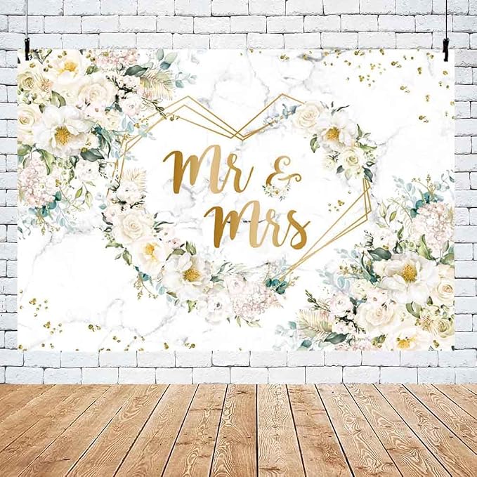 MEHOFOND 193 pcs White Wedding Party Decorations, Mr and Mrs Paper Plates Cup and Nakpins Set, 7x5ft Mr and Mrs Floral Backdrop for Bridal Shower White Flowers Gold Dots Glitter Photography Bac