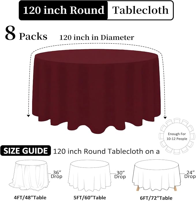 8 Pack Burgundy Round Tablecloth 120 Inch Wrinkle Resistant Burgundy Table Cloth Reusable and Washable Polyester Fabric for Buffet Wedding Party and Banquet