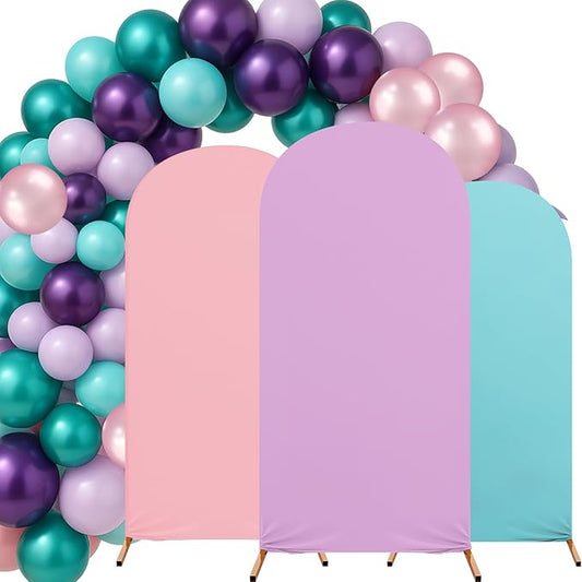 Mindsoft 101 Pcs Mermaid Colors Wedding Arch Backdrop Cover Set of 3, 4ft/5ft/6ft Spandex Fitted Stretchy Backdrop Stand Covers with 10'' Balloons for Birthday Baby Shower Banquet Party Decoration