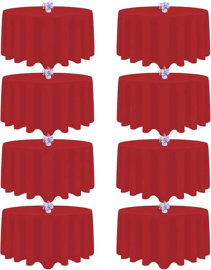 8 Pack Red Round Tablecloth 120 Inch Round Table Cloth, Wrinkle Resistant and Washable Tablecloth Polyester Fabric Table Cloth Round Cover for Dining Wedding Banquet Party
