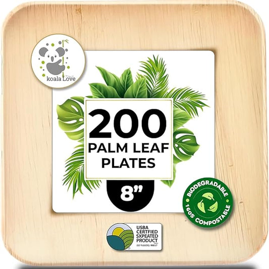 Koala love Palm Leaf Plates Bamboo Plates Disposable Square 8 inch 200 Bulk Party Pack Elegant Sturdy Design Better Than Paper and Plastic (KoalaLove-PLP-8IN-200-Plates)
