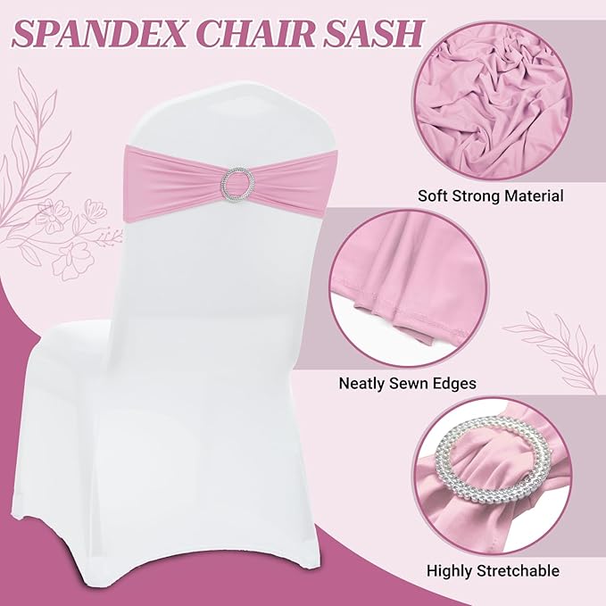 VDS - Blush Pink | Spandex Chair Sashes Bows | 250 PCS | Stretch Elastic Banquet Universal Folding Chair Band Tie with Silver Buckle Slider for Wedding Party Conference Celebration Event Decoration