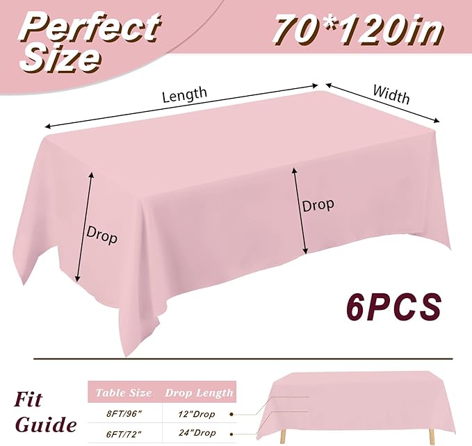 Fixwal 6 Pack Pink 70 x 120 Inch Rectangle Tablecloths, Reusable Heavy Duty Washable Polyester Table Covers, Stain and Wrinkle Resistant for 6-8 Ft Tables, Baby Shower, Birthday, Wedding, Party
