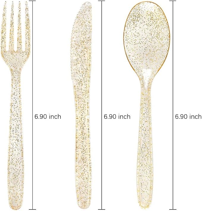 WDF 360 Gold Plastic Silverware - Disposable Gold Glitter Cutlery - Plastic Silverware inluding 120Forks, 120 Spoons, 120 Knives for Wedding Baby Shower Spring Birthday