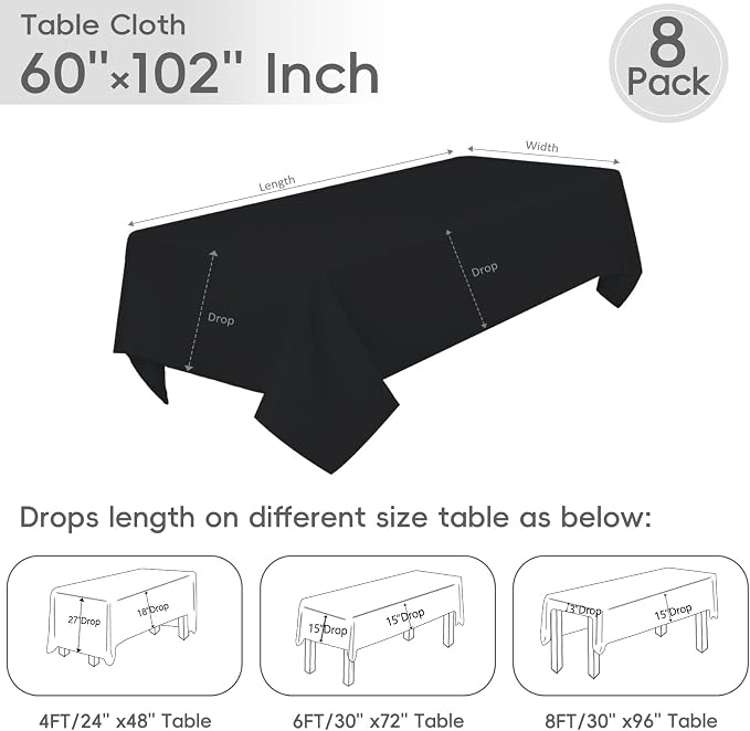 8 Pack Black Tablecloth 60 x 102 Inch Polyester Table Cloth for 6 Foot Rectangle Tables, Wrinkle Resistant Washable Decorative Fabric Table Covers for Wedding Party Banquet Buffet and Camping