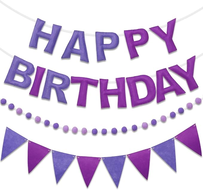 Pre-Strung Happy Birthday Banner & Felt Garland Set - Ombre Purple Birthday Decorations for Women Men Boys Girls | Reusable Party Supplies for Indoor & Outdoor