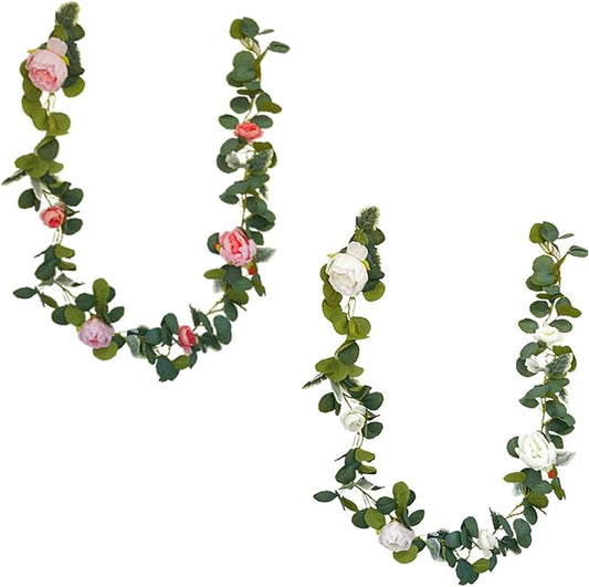 2Pcs Artificial Flower Garland Decorations-13.12Ft Silk Faux Peony Vine with Eucalyptus Leaves Hanging Fake Flowers for Living Room Home Birthday Wedding Party Wall Arch Decor(White&Pink)