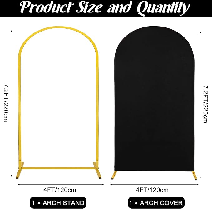 Metal Arch Stand and Cover Set,1 Black Spandex Fitted Backdrop with 1 Gold Wedding Arched Stand Frame for Parties Birthday Baby Shower Bridal Banquet Decoration (7.2FT)