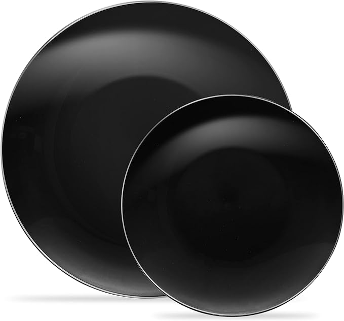 PLASTICPRO 32 Piece Combo Plate Set includes 16-7'' inch Plates & 16-10'' inch Plate Black Plates with Silver Rim Plastic PartyPlate Premium heavyweight Elegant, Disposable, Tableware, Dishes,