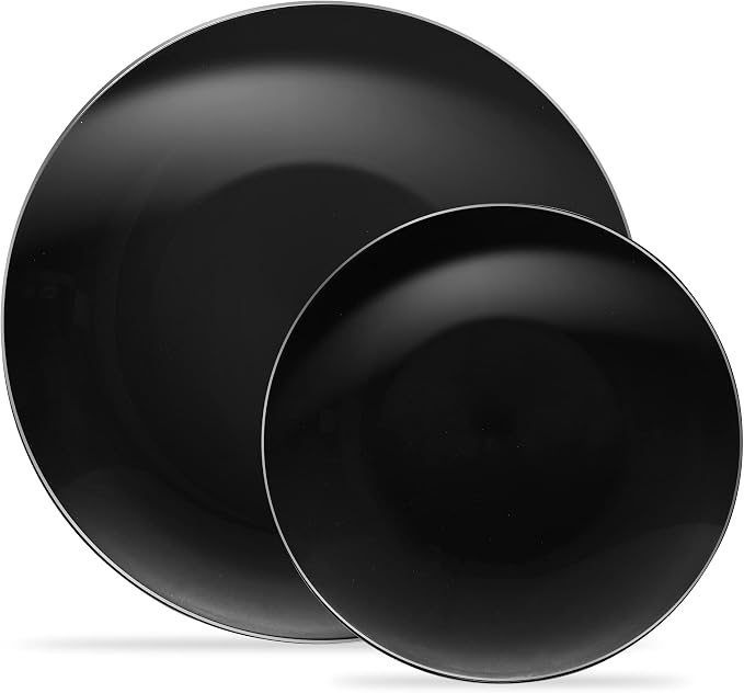 PLASTICPRO 64 Piece Combo Plates Set includes 32-7'' inch Plates & 32-10'' inch Plates Black Plates with Silver Rim Plastic PartyPlates Premium heavyweight Elegant, Tableware, Dishes,