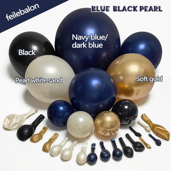 Navy Blue Black Balloon Arch - Double Stuffed Pearl White Sand, Dark Royal Blue Gold Balloon Garland Kit for Birthday 2026 Graduation Men Anniversary Prom Wedding Party Decoration