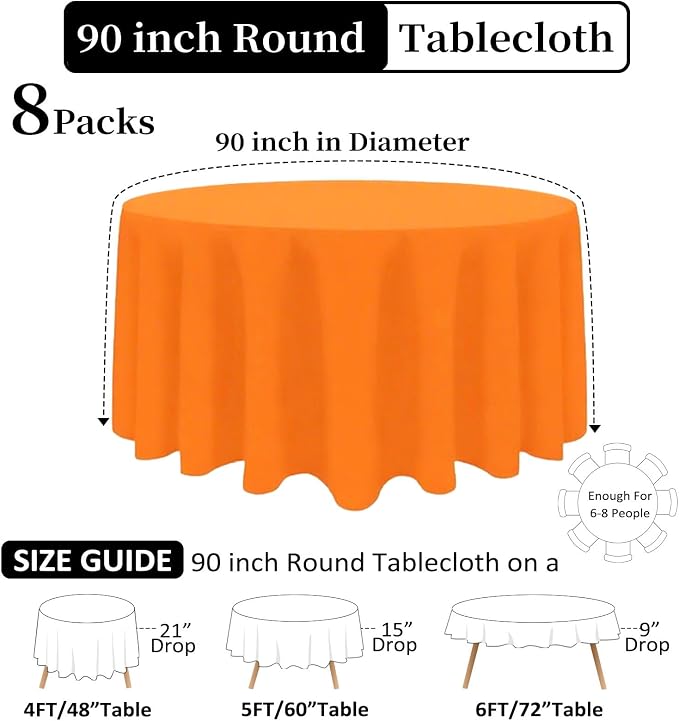 8 Pack Orange Round Tablecloth 90 Inch Wrinkle Resistant Orange Table Cloth Reusable and Washable Polyester Fabric for Buffet Wedding Party and Banquet