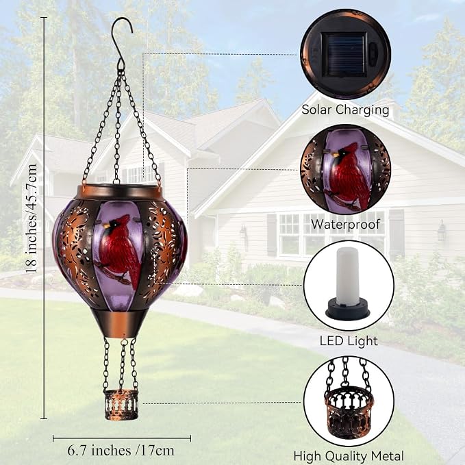 STARSOUL Cardinal Solar Hot Air Balloon Lantern with Flickering Flame, Cardinals Hanging Solar Lantern Outdoor Waterproof, Red Bird Hot Air Balloon Solar Light Decorations for Garden Yard Lawn