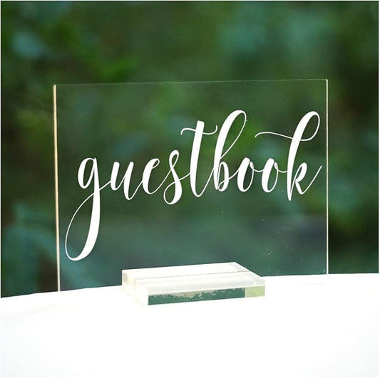 Cedar and Ink Guestbook Acrylic Calligraphy Sign w/Base, Acrylic Wedding Signs Cursive Lettering, Clear Lucite Glass-Like Gift Table Decor or Wedding Cards Sign, Reception Event, Stand Included