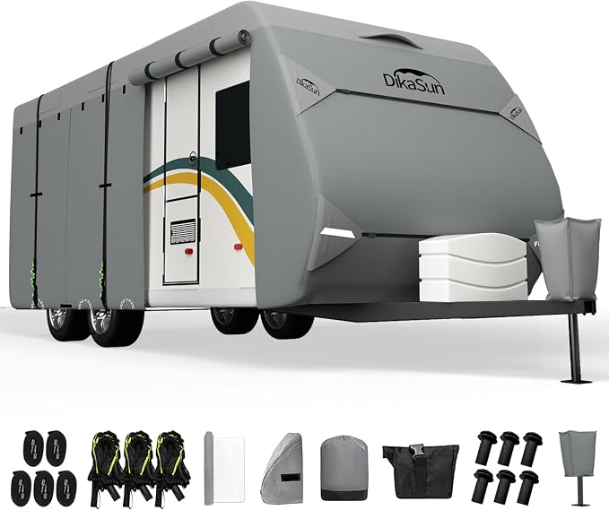 Travel Trailer RV Cover 30' ~ 33', Upgraded 7 Layers Top Waterproof Camper Cover, Heavy Duty Toy Hauler RV Cover for Winter Snow with Tongue Jack Cover, Gutter Covers