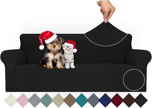 JIVINER Stretch Sofa Covers 1 Piece Couch Covers for 3 Cushion Couch Sofa, 3 Seater Sofa Slipcovers Furniture Protector with Elastic Bottom for Kids, Pets (Black, Sofa)