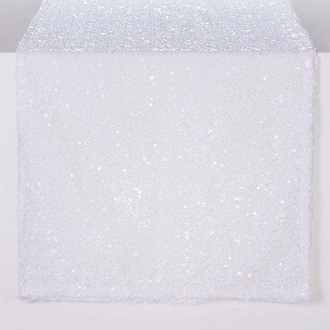 White Sequin Table Runner - 12"x108", 6 Pack Glitter Table Runner for Graduation, Baby, Bridal Shower, Wedding, Birthday, Party, Christmas
