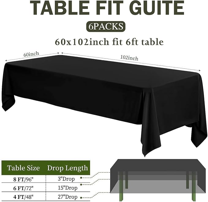 Black Table Cloths Rectangle, 6 Pack 60 x 102 Inch, Polyester Washable Fabric Tablecloth for Wedding Banquet, Restaurant, Parties