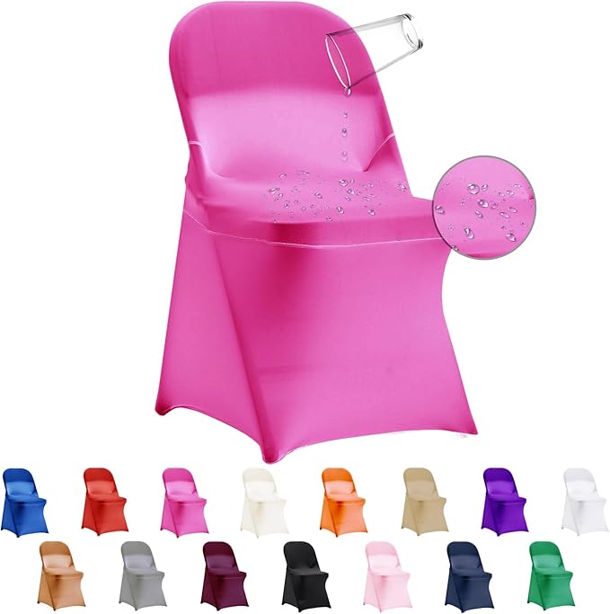 12 PCS Waterproof Stretch Spandex Folding Chair Covers, Dining Room Chair Slipcovers Protector for Wedding, Banquet, Party, Holidays, Celebration and Decoration（Fuchsia）