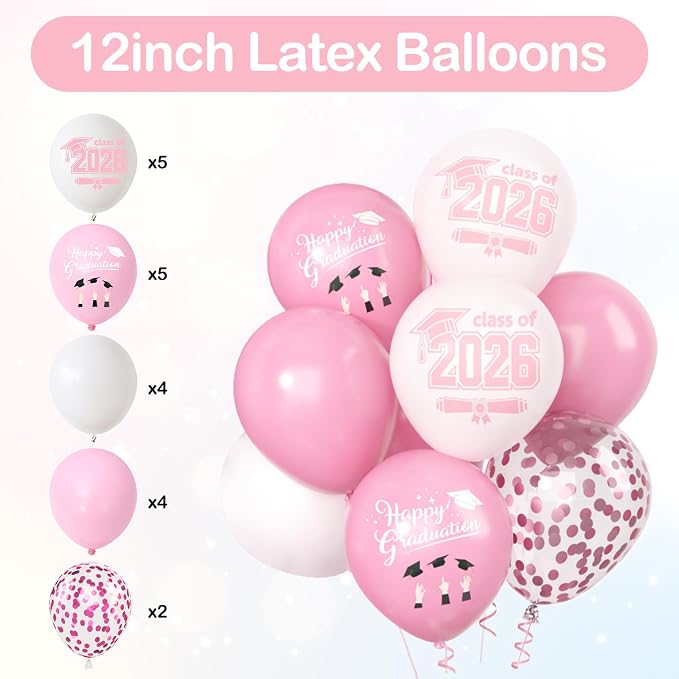 Graduation Party Decorations Pink, Congrats GRAD Banner Paper Pompoms Pink Fringe Curtain Backdrop Star Foil Balloons Pink White Latex Balloon for Graduation Class of 2026 Decorations