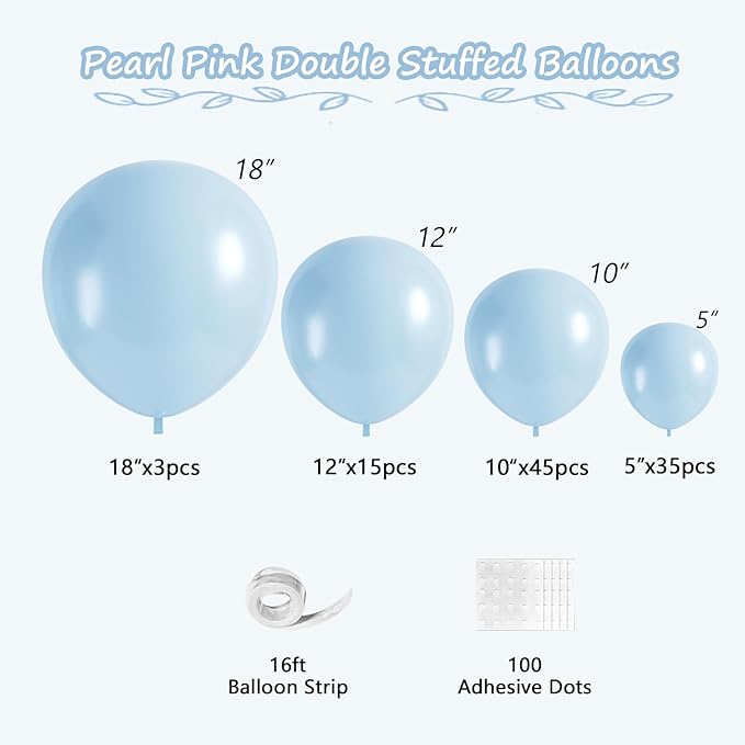 Pearl Blue Balloons, 98PCS Double Stuffed Baby Light Blue Balloon Garland Arch Kit, 18/12/10/5 Inch Different Sizes for Birthday Baby Bridal Shower Wedding Party Decorations