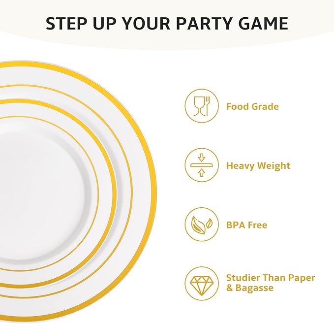 AOZITA 200PCS Gold Plastic Plates Set, Heavy Duty Disposable Plates for Party & Wedding, Includes 100 Dinner Plates and 100 Dessert Salad Plates, Elegant White with Gold Rim Dinnerware