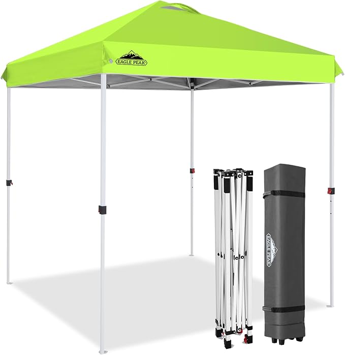 EAGLE PEAK Pop Up Canopy Tent with Wheeled Carry Bag, 8 Stakes, 4 Ropes, Easy Set Up Tent Canopy, 6.6x6.6 ft, Neon Green