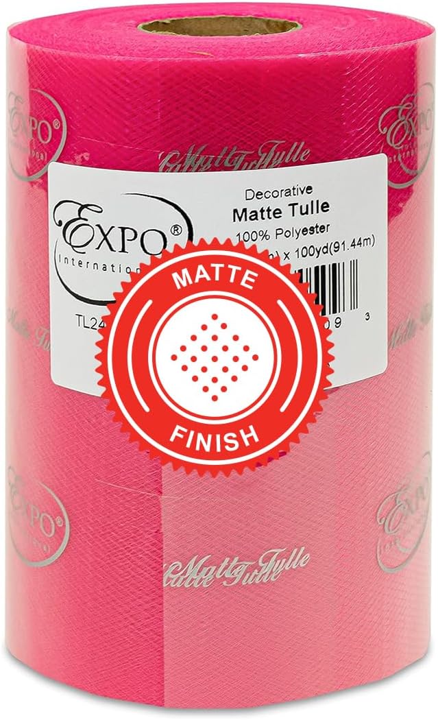 Expo International Decorative Matte Tulle, Roll/Spool of 6 Inch x 100 Yards, Polyester-Made Tulle Fabric, Matte Finish, Lightweight, Versatile, Washable, Easy-to-Use, Fuchsia