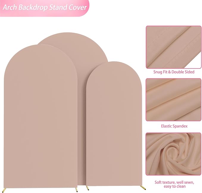 Wokceer Wedding Arch Backdrop Cover (7.2FT, 6.6FT, 6FT) Set of 3 Spandex Fitted Nude Arch Covers for Round Top Chiara Arches Backdrop Cover for Birthday Party Wedding Ceremony Banquet Decor