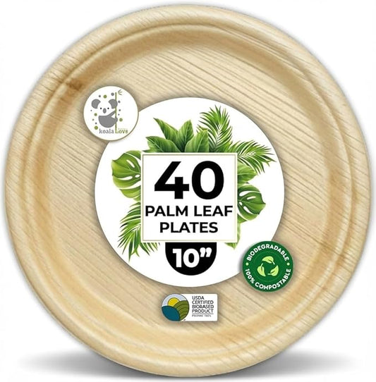 Koala love Palm Leaf Plates 10 Inch Bamboo Paper Disposable 40 Bulk Dinner Round Party Plates Event Tableware Eco Biodegradable Compostable Wooden Plate Best Alternative to Plastic Plate
