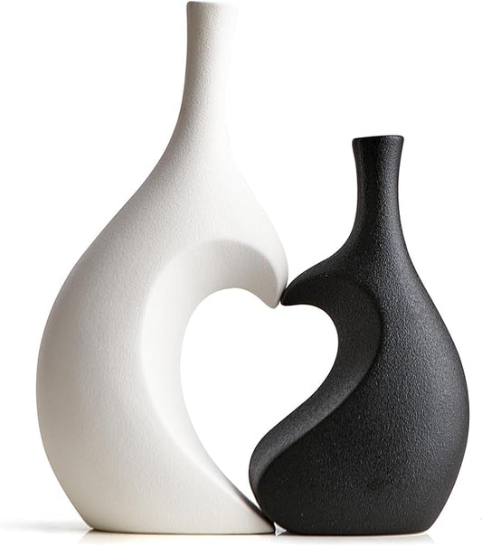 Unique Heart Shaped Vase: Set of 2 Black and White Heart Shaped Vase for Home Decor Minimalist Modern Decorative Vases for Living Room Dining Room Table Coffee Table Centerpiece Shelf Decoration