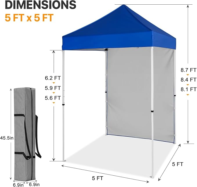 COOS BAY 5x5 Pop Up Canopy Tent with Side Wall, Easy Setup Portable Sun Shelter with Carry Bag, Outdoor Shade for Beach, Camping, Sports & Backyard, Blue