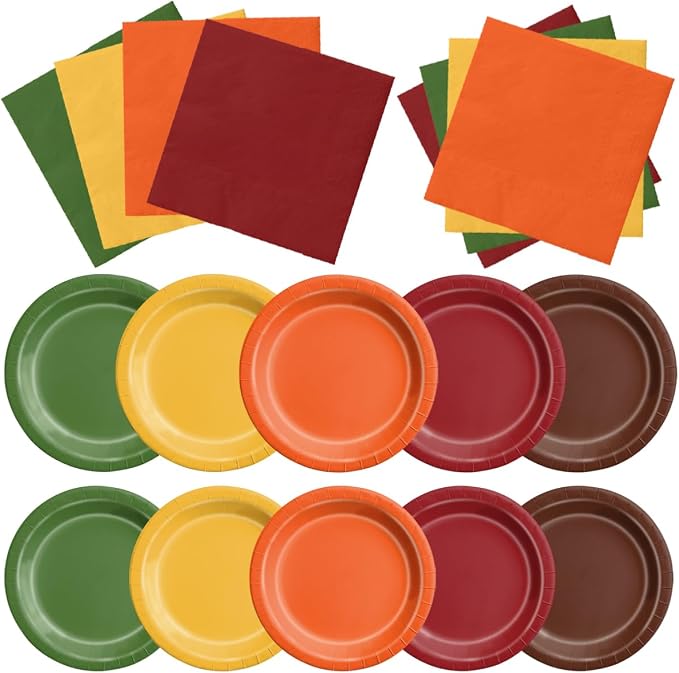 CMUSKO 60pcs Fall Plates and Napkins - Autumn Harvest Leaves Color Tableware Set for Thanksgiving, Birthday, Wedding